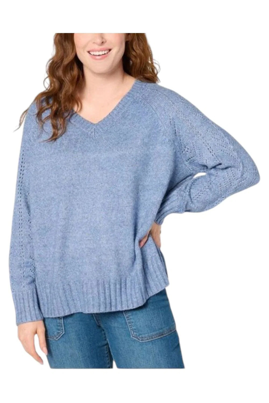 Denim & Co. Women's Heritage Raglan Sweater w Pointelle Heather Blue - Regular